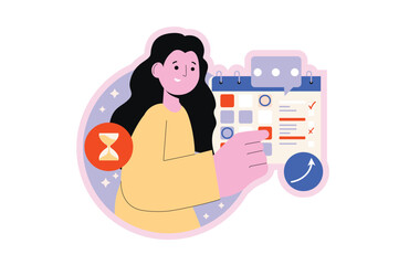 Aufkleber - Daily planning round concept with people scene in the flat cartoon design. Girl creates a to-do list that she should do. Vector illustration.