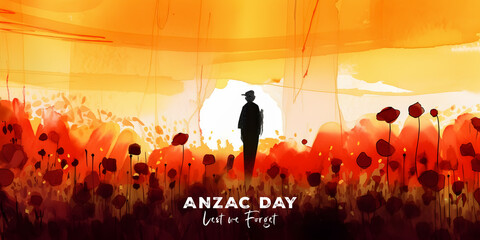 Abstract painting concept. Colorful art style of a soldier in a red poppies field. Anzac day - Lest we forget. Generative AI.