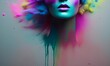 Pół twarzy kobiety, rozlana farba, kolorowy proszek. Obraz wytworzony z AI.