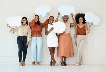 Business woman, team and speech bubble in social media holding shapes or icons against a wall background. Portrait of happy women friends with poster shaped symbols for networking or communication