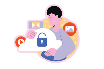 Aufkleber - Round concept Cloud service with people scene in the flat cartoon design. Man works with data from cloud storage. Vector illustration.