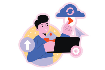 Aufkleber - Cloud storage round concept with people scene in the flat cartoon style. Man up load different important information to cloud storage. Vector illustration.