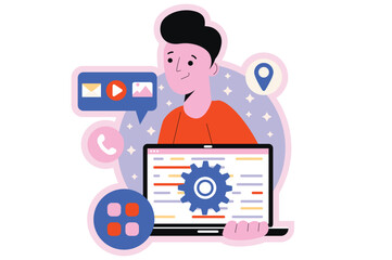 Poster - App development round concept with people scene in the flat cartoon design. App developer works on the laptop to create cool mobile applications. Vector illustration.