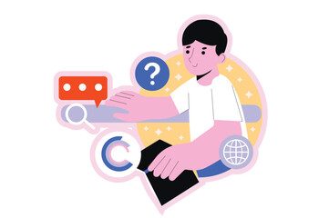 Aufkleber - Internet search round concept with people scene in the flat cartoon design. Boy searches necessary information on the Internet. Vector illustration.