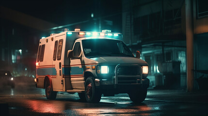 Canvas Print - Ambulance car on the road at night. Generative Ai