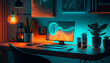 © art4all - A home office setup with computer on desk and houseplants, dark room with neon lights, generative ai