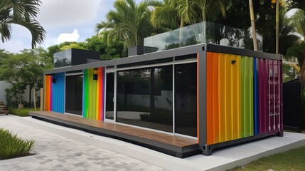 concept of sustainability and recycle , container box remake as restaurant, office or house, colorful bright tone house, Generative Ai