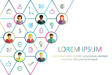 Poster - Business people and infographic concept with copy space. Diverse group connected by lines and icons. Vector illustration isolated on white background.