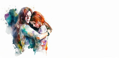 Wall Mural - Mother's day - illustration of mom and daughter hugging each other with copy space for text, Generative ai.