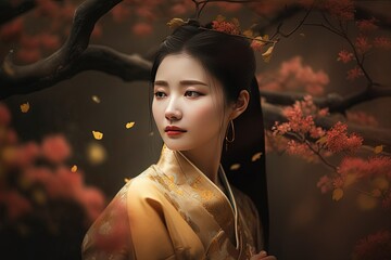 close up portrait of beautiful young chinese woman wearing traditional clothes in blossom forest, ge