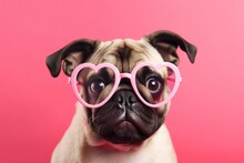 Puppy With Heart Shaped Glasses Looking At Camera On Pink Background While Celebrating Love. Generative AI