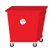 Red Metal Waste Container On Wheels. Containers For Waste Disposal. Garbage Bins. Design For Waste Collection Companies. City Cleaning. Flat Style In Vector Illustration. Isolated Objects.