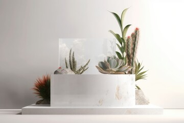 Canvas Print - Illustration of a mock up white concrete pedestal showcase podium stage for a product presentation with real fresh plants. Generative AI