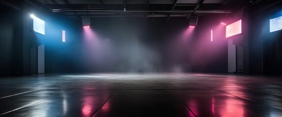 pink, spotlights shine on stage floor in dark room, idea for background backdrop, music hall or studio, Generative Ai