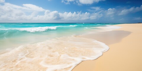Poster - Summer landscape of a sunny day on the beach with waves from the sea.Colorful summer template. Concept of recreation. Generative AI