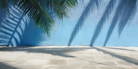 Poster - The shadow of palm leaves on the wall.Colorful summer template. Concept of recreation. Generative AI