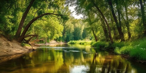 Poster - View of the river flowing through the woods.Colorful summer template. Concept of recreation. Generative AI