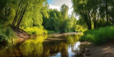 Poster - View of the river flowing through the woods.Colorful summer template. Concept of recreation. Generative AI