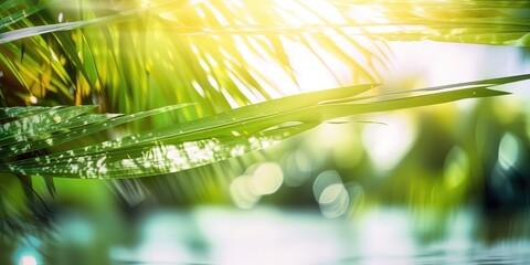Poster - Summer picture of the sun's rays breaking through the leaves of a palm tree.Colorful summer template. Concept of recreation. Generative AI