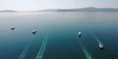 Poster - Top view of the sea with boats on the water.Colorful summer template. Concept of recreation. Generative AI