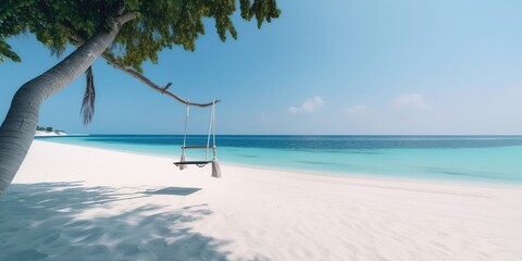 Canvas Print - Summer landscape with swings on the seashore with blue sky.Colorful summer template. Concept of recreation. Generative AI