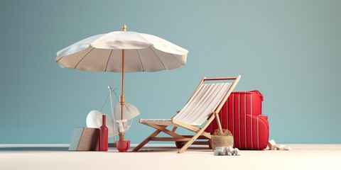 Aufkleber - An abstraction of a vacation picture with an umbrella for the beach and a chaise longue.Colorful summer template. Concept of recreation. Generative AI