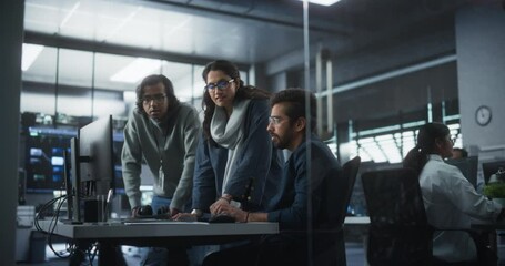 Aufkleber - Group of Three Young Indian Software Engineers Use Computer to Discuss a Technological Project in Modern Industrial Office. Group of Male and Female Scientists Work in Research and Development Center