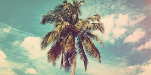 Poster - Summer landscape of palm trees and sky in retro style.Colorful summer template. Concept of recreation. Generative AI