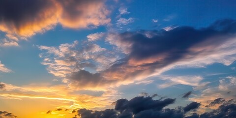 Poster - Summer landscape of colorful cloudy sky at sunset.Colorful summer template. Concept of recreation. Generative AI