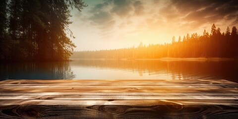 Poster - Sunset on the river in the middle of the forest.Colorful summer template. Concept of recreation. Generative AI