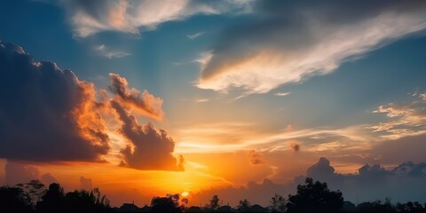 Poster - Summer landscape of colorful cloudy sky at sunset.Colorful summer template. Concept of recreation. Generative AI