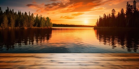 Poster - Sunset on the river in the middle of the forest.Colorful summer template. Concept of recreation. Generative AI