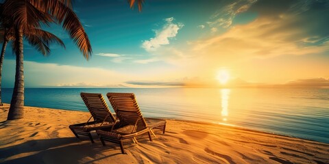 Poster - Seashore with sun loungers at sunset.Colorful summer template. Concept of recreation. Generative AI