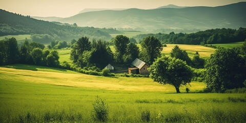 Canvas Print - Summer landscape of the village on a sunny day.Colorful summer template. Concept of recreation. Generative AI