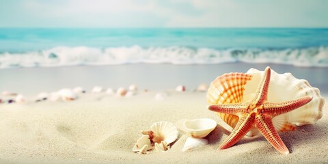 Poster - A fantastic picture of a sandy beach with various seashells.Colorful summer template. Concept of recreation. Generative AI