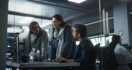 Poster - Team of Three Multiethnic Diverse Software Developers Talk, Discuss an AI Project. Stylish Young Indian Female and Male Specialists Work on Digital E-Commerce Startup Business
