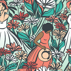 Wall Mural - Vector seamless pattern with romantic girls walking in the flower garden