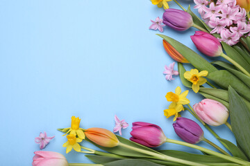 Wall Mural - Beautiful flowers on light blue background, flat lay. Space for text