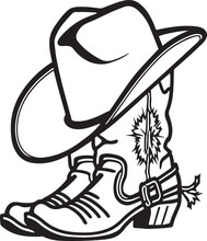 Cowboy Boots And Western Hat,  Rodeo Cowboy, Vector Illustration 