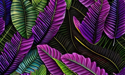 Wall Mural - Background with a full frame of purple leaves, lush foliage, and a tropical leaf. Generative Ai.