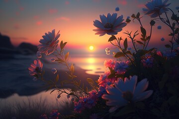 Poster - Spring wildflowers under the rays of the sun.The beauty of nature. Generative AI