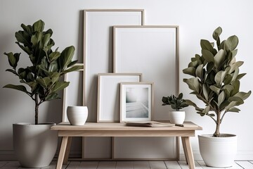 Canvas Print - On a wooden table, there are mockups of white empty photo frames and ficus lyrata in ceramic pots. white wall as a backdrop Scandinavian style decor. Generative AI