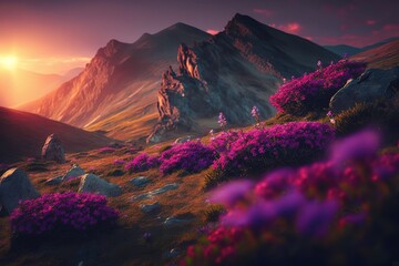 Poster - Mountain spring landscape with blooming flowers at the beginning of the mountain.The beauty of nature. Generative AI