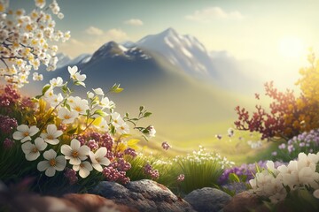 Poster - Mountain spring landscape with blooming flowers at the beginning of the mountain.The beauty of nature. Generative AI