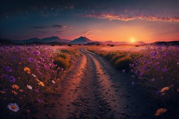 Poster - Spring road through a field with flowers at sunset.The beauty of nature. Generative AI