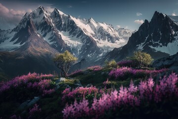 Canvas Print - Mountain spring landscape with blooming flowers at the beginning of the mountain.The beauty of nature. Generative AI