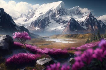 Canvas Print - Mountain spring landscape with blooming flowers at the beginning of the mountain.The beauty of nature. Generative AI