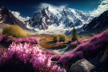 Poster - Mountain spring landscape with blooming flowers at the beginning of the mountain.The beauty of nature. Generative AI