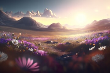 Poster - Spring wildflowers under the rays of the sun.The beauty of nature. Generative AI