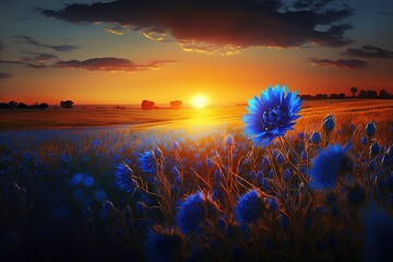 Poster - Spring landscape field with cornflowers at sunset.The beauty of nature. Generative AI
